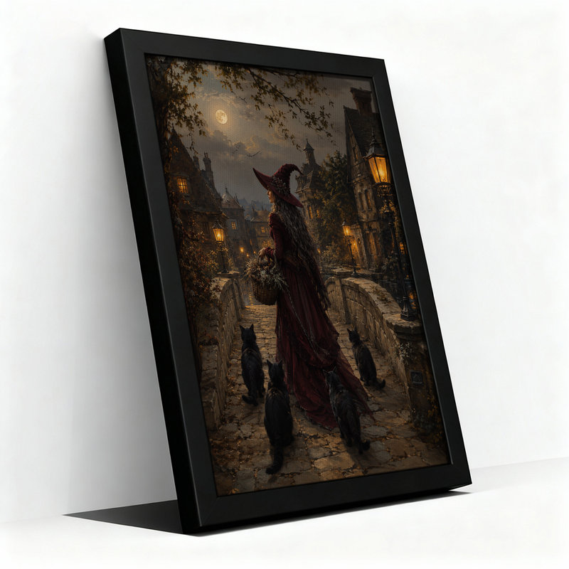 «Witch with Black Cats on Moonlit Village Bridge», art mural sur toile, H 30 po x l 20 po