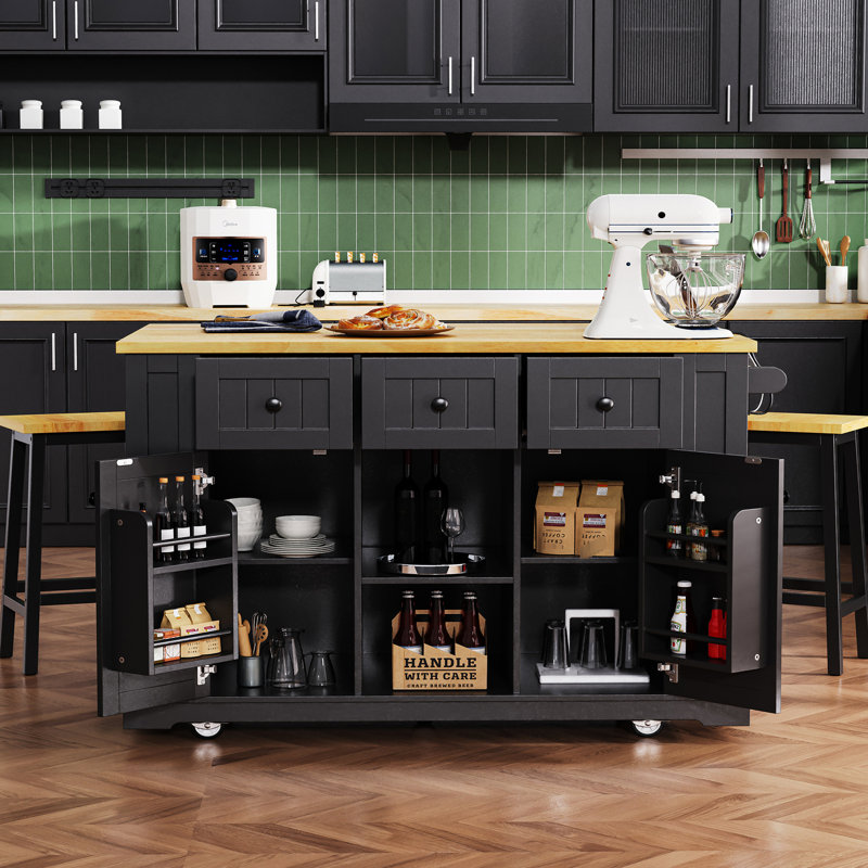 Grand îlot de cuisine avec 2 tabourets, prise de courant, rangement interne, plateau de table à abattants, 5 côtés, 3 tiroirs, en noir pour les chaises paradisiaques, espaces inspirants