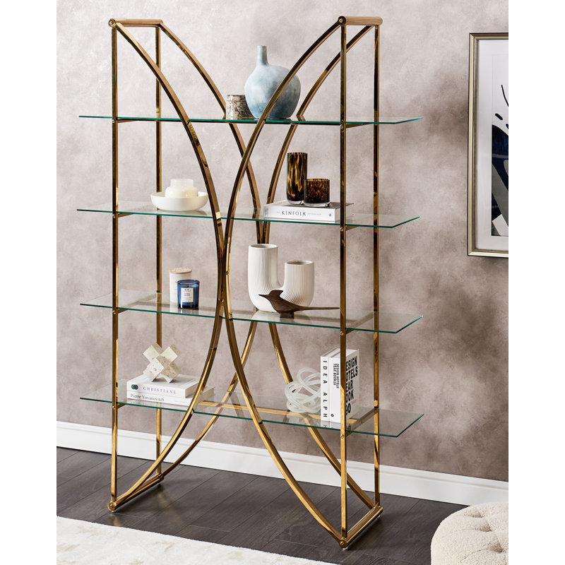 Ayushman 175cm H x 120cm W Stainless Steel Book Cabinet Bookcase, Gold