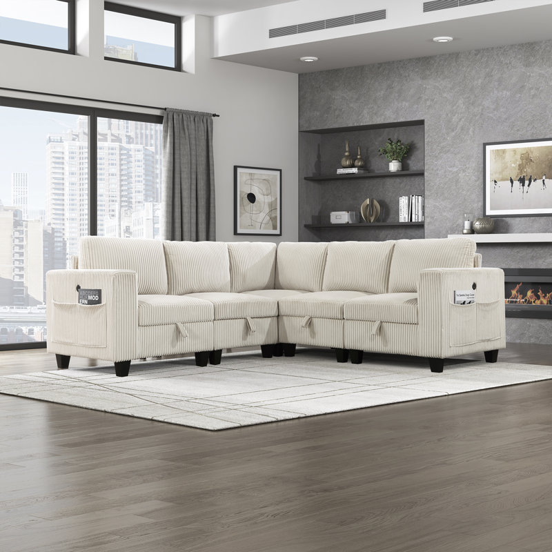 Skrzypek Square Arms Sectional with Storage, Beige Corduroy