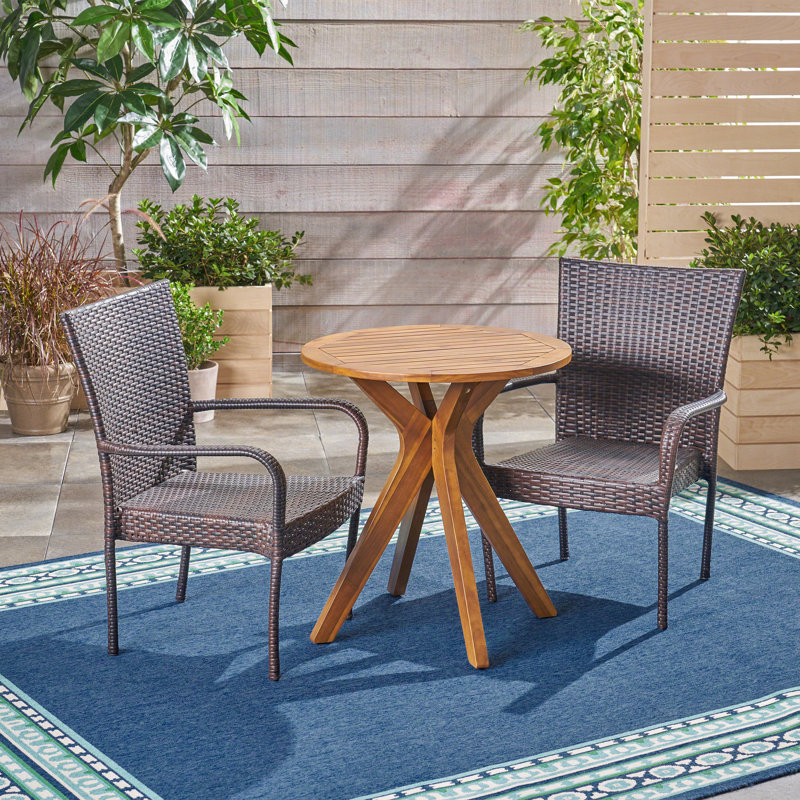 Gustel 2 - Person Acacia Wicker Patio Dining Set with Round Table, Teak/Brown