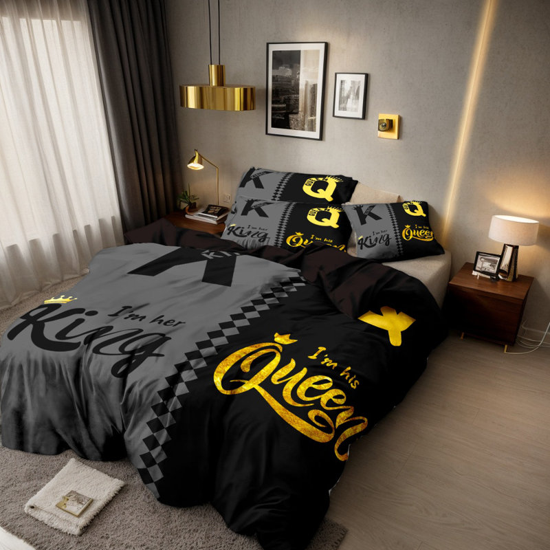 Ensemble de housse de couette en microfibre Valentine King, Housse de couette pour très grand lit + 2 taies d, Noir/gris