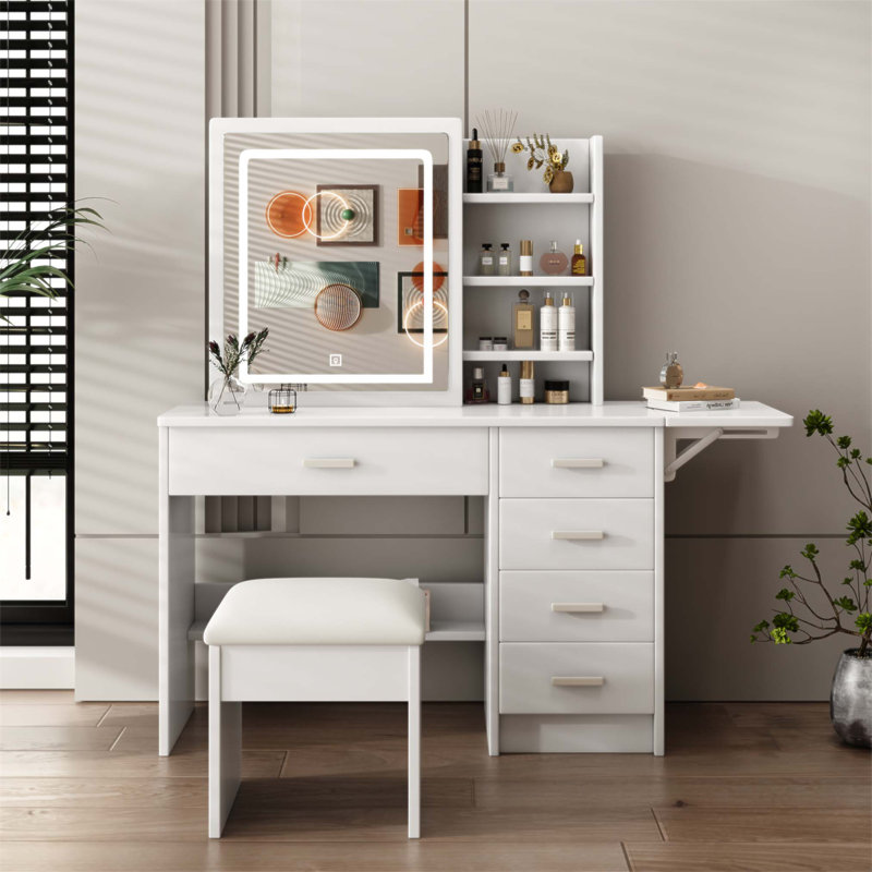 Bureau de coiffeuse élégant avec miroir, lumières DEL réglables et multiples options de rangement pour le maquillage et l'organisation