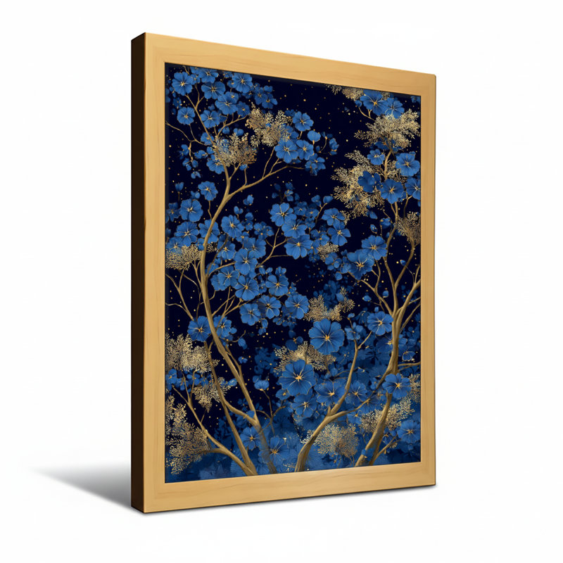 Plantes et fleurs avec fleurs bleues et branches dorées sur fond foncé, H 30 po x l 20 po, Toile tendue, Ne s’applique pas