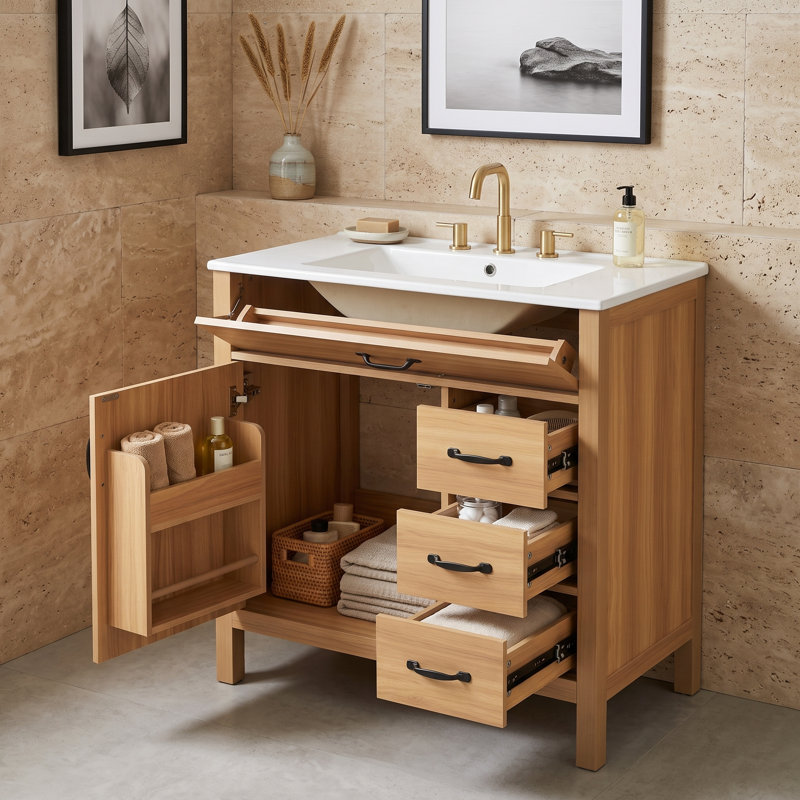 Meuble-lavabo autoportant avec lavabo en céramique, porte et tiroirs à fermeture en douceur, tiroir rabattable et support de rangement pour porte