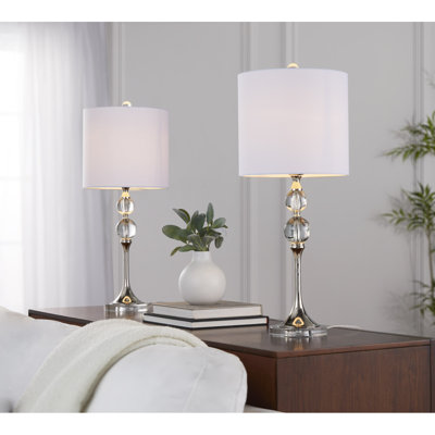 26" Contemporary Crystal Table Lamp in Clear Crystal and Polished Nickel with White Linen Shade from Grandview Gallery  - Set of 2