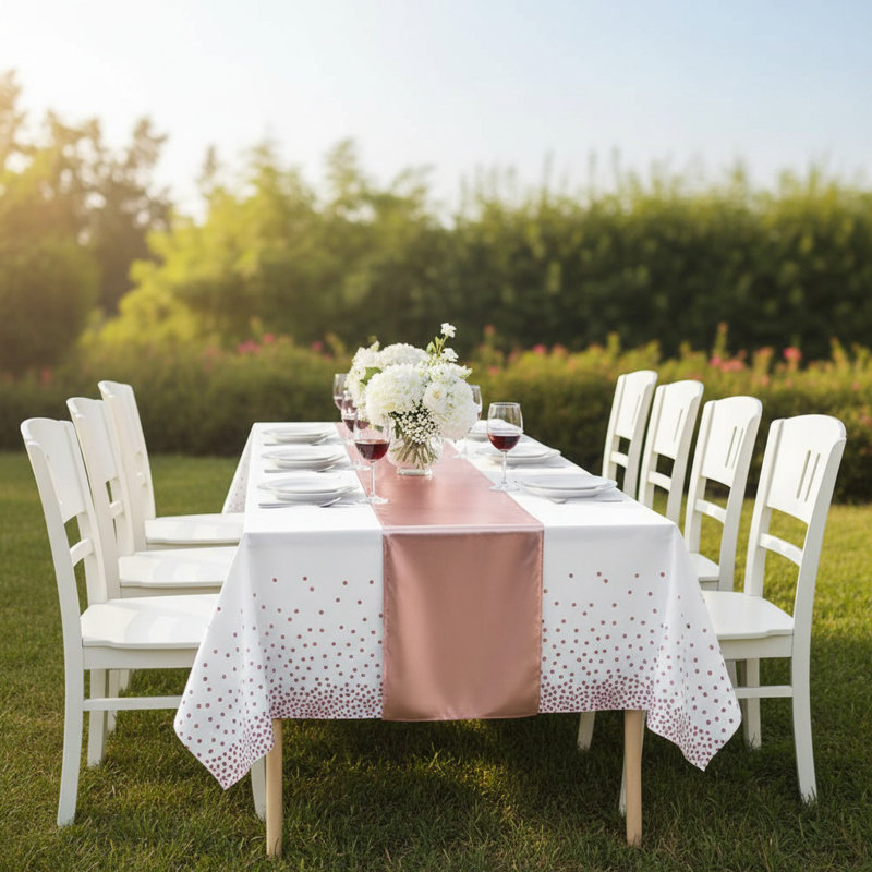 Nappe jetable en plastique et chemin de table en satin à motif de nappe en satin, Rose/Blanc