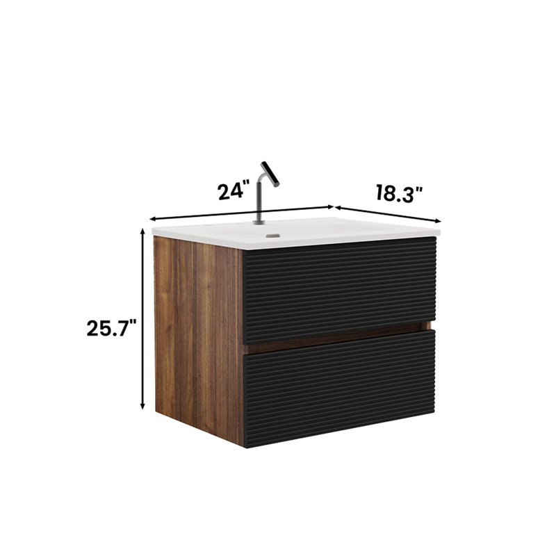 Unité de salle de bain murale 24 po - Noir doux et noyer. Avec évier en céramique à débordement. Rangement généreux, évier silencieux à fermeture en douceur avec trop-plein. Glissement amplifié