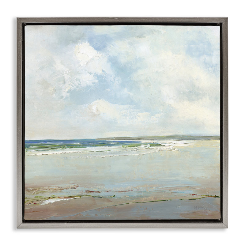 Plage éloignée avec nuages, Cadre flottant gris lustré, H 18 po x l 18 po