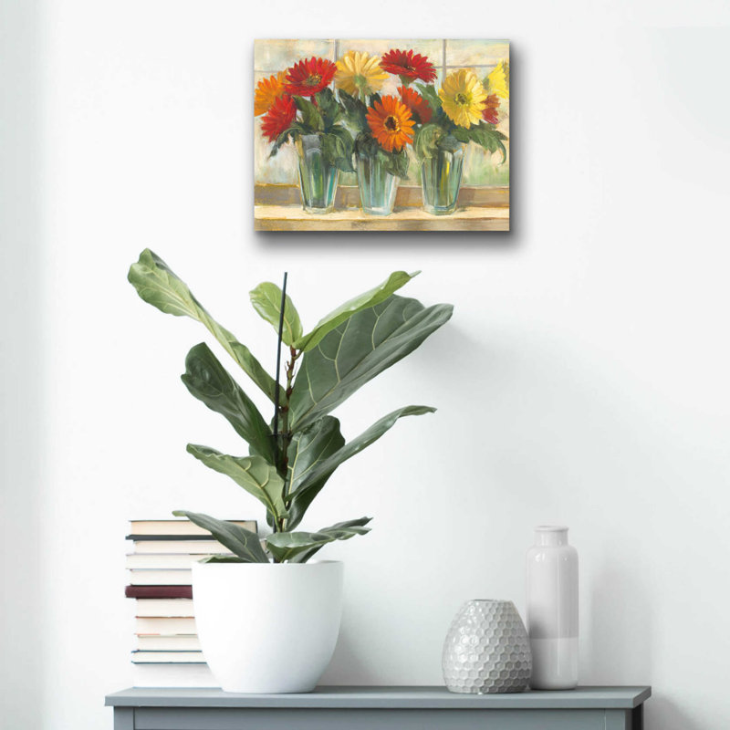 «Gerberas In Glass Vases» par Carol Rowan, art mural en verre acrylique, H 12 po x l 16 po x P 0,13 po
