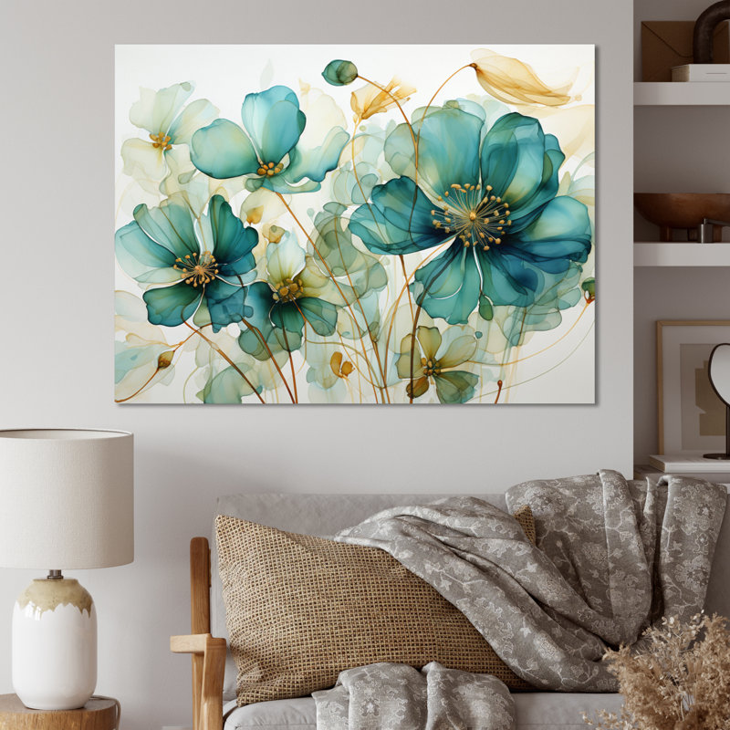 «Teal Green Organic croissance - Abstract Botanicals», art mural, H 16 po x l 32 po x P 1 po, Cadre simple noir