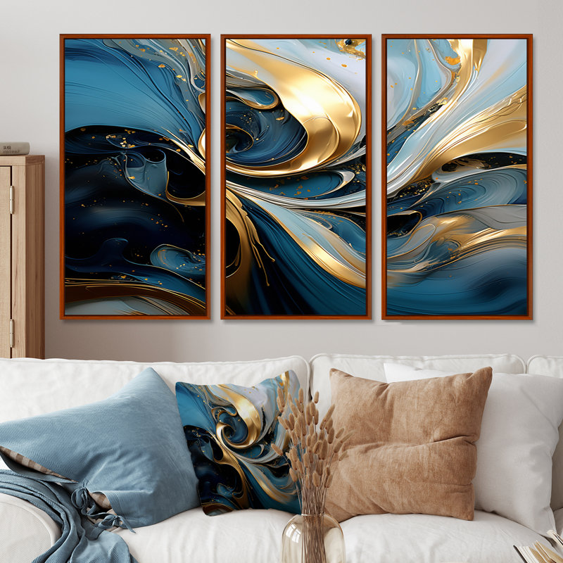 Abstrait bleu sarcelle vagues coucher de soleil doré - ensemble de salon abstrait, H 40 po x l 60 po x P 1 po