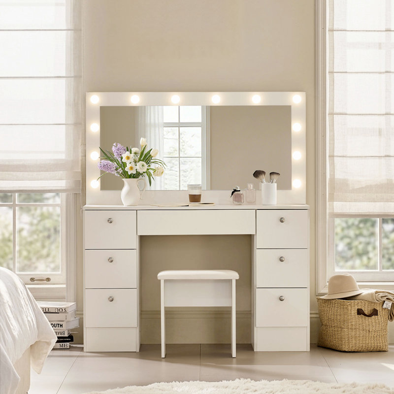 Dressing Table With Mirror, 7 Drawers Vanity Table With 3 Colors LED Light