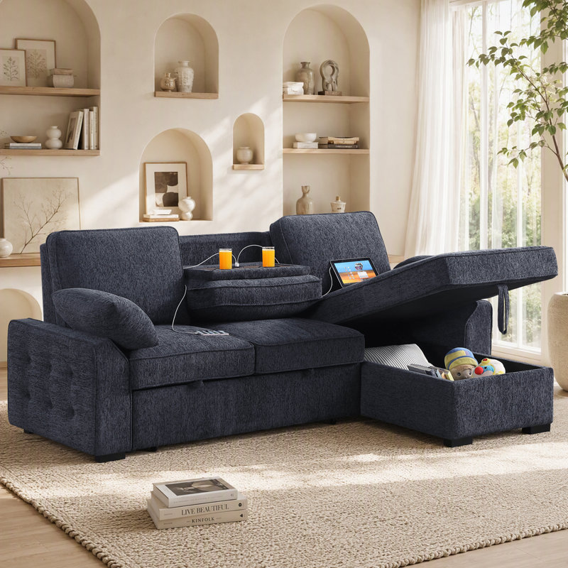 Latitude Run® 91.5 " Modern Shariff Reversible Chenille Upholstered Sleeper Sectional Sofa with Storage Chaise