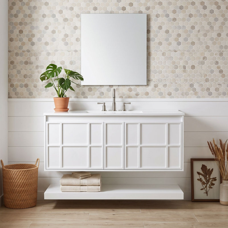 Meuble-lavabo mural avec lavabo composite, 2 grands tiroirs sans poignées et tablette inférieure ouverte