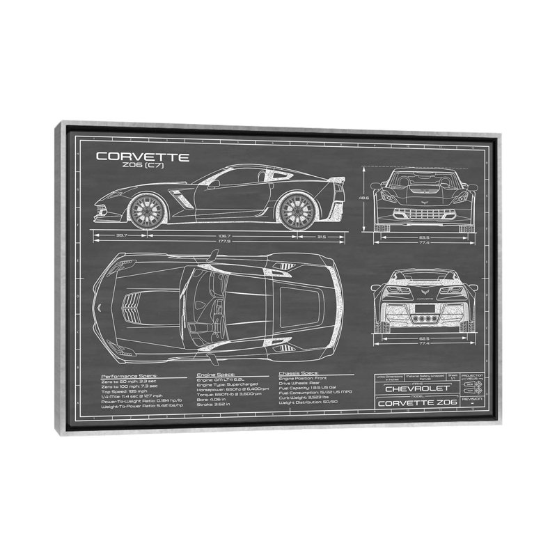 Corvette (C7) Z06-impression de dessin, Toile avec cadre argent, Pas de tapis, H 32 po x l 48 po x 1,5 po