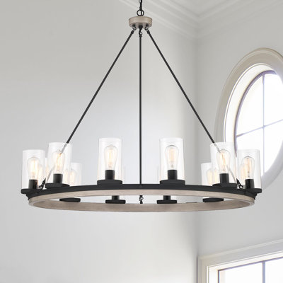 Philadelphia 12 - Light Dimmable Wagon Wheel Foyer Chandelier with Hand Blown Glass Accents