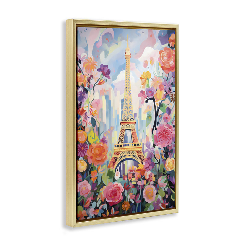 Tour Eiffel entourée de fleurs, cadre flottant, design by Creative Studio, H 31 po x l 21 po, Cadre flottant métallique doré