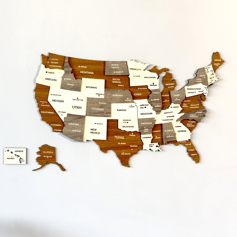 Art mural 3D en bois aux États-Unis - Carte des États-Unis avec États et villes