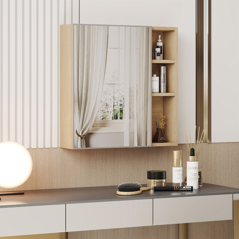 Armoire à miroir multifonctionnelle en grain de bois naturel - Miroir transparent et espace de rangement. Armoire à miroir en panneau de fibres à densité moyenne, un miroir de salle de bain mural séparé pour le rangement et l’économie d’espace
