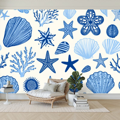 Papier peint adhésif autocollant fond de mer sans couture Été plage dessiné à la main bord de mer Papier autocollant amovible sous-marin pour salon Chambre à coucher H 100 po x l 144 po