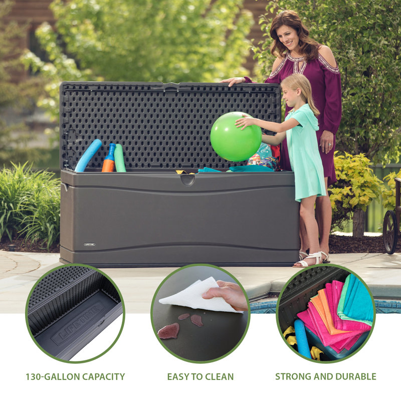 Lifetime Water Resistant Plastic Lockable Deck Box, Gray, 130 Gallon