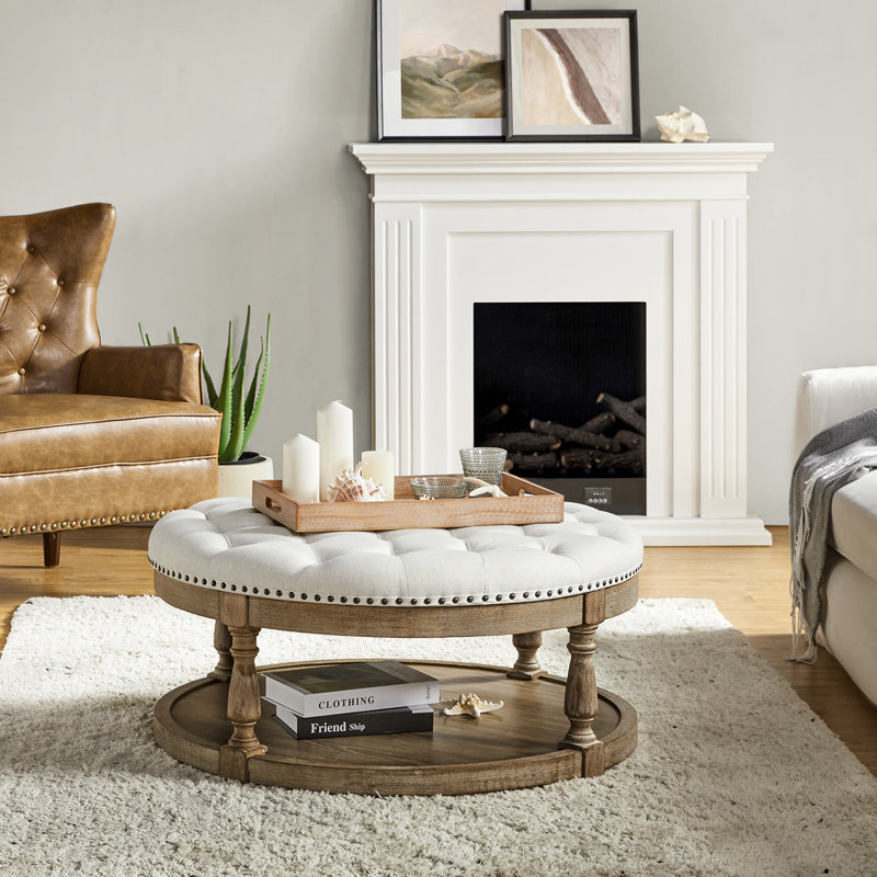 Deoïus 90.2cm Wide Transitional Tufted Round Cocktail Footstool with Storage, Ivory