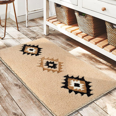 Boho Bliss Non-Slip Bath Mat - Cream Beige Geometric Rug for Bathroom, Kitchen, Entryway - Soft Luxury Farmhouse Decor, 16 x 24