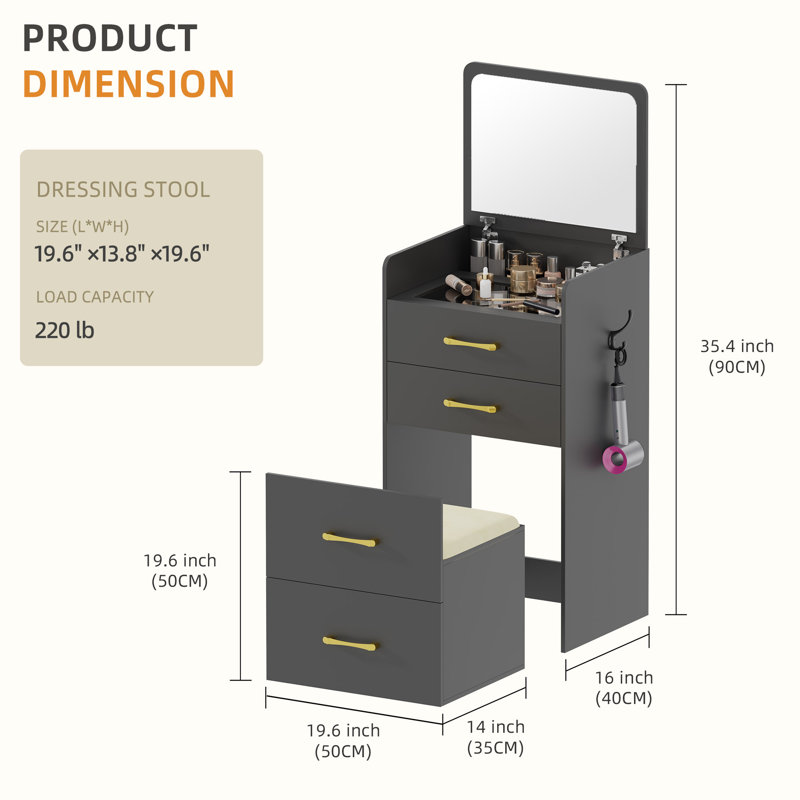 Capree Dressing Table with Mirror, Black