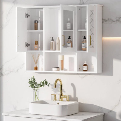 35" 2-in-1 Bathroom Mirror Cabinet | Wall-Mounted Medicine Cabinet with Adjustable Shelves & Soft-Close Doors | High-Definition Mirror with Sculpted Woven Design & Hidden Storage for Vanity