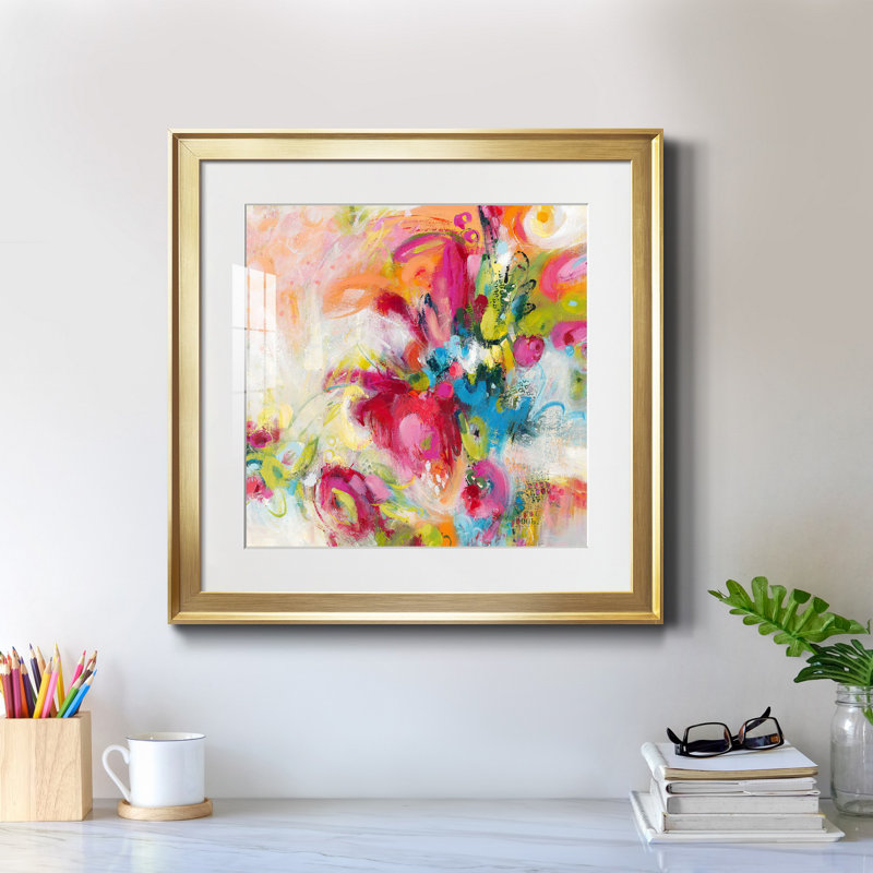 " Let's Bounce ", 24" H x 24" W x 1" D, Gold Framed Paper, White