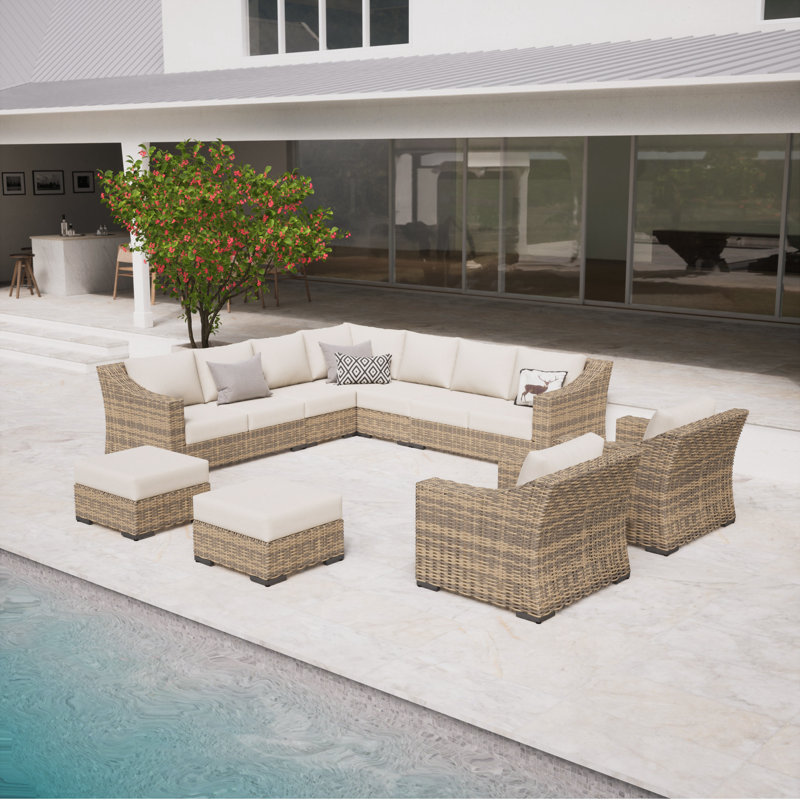 Ensemble modulaire de patio en osier pour 11 personnes avec coussins Eloisa, Tanné