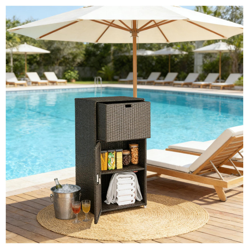 Armoire de rangement d'extérieur en rotin avec porte-serviettes, organisateur de piscine en acier brun foncé et osier synthétique