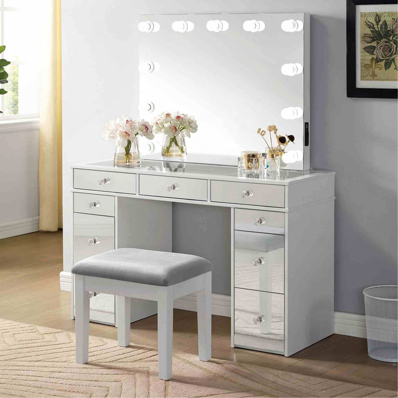 Ensemble de meuble-lavabo 1 pièce avec tabouret avec tiroirs de rangement en verre et miroir central avec ampoules USB et prise de courant au fini blanc et gris