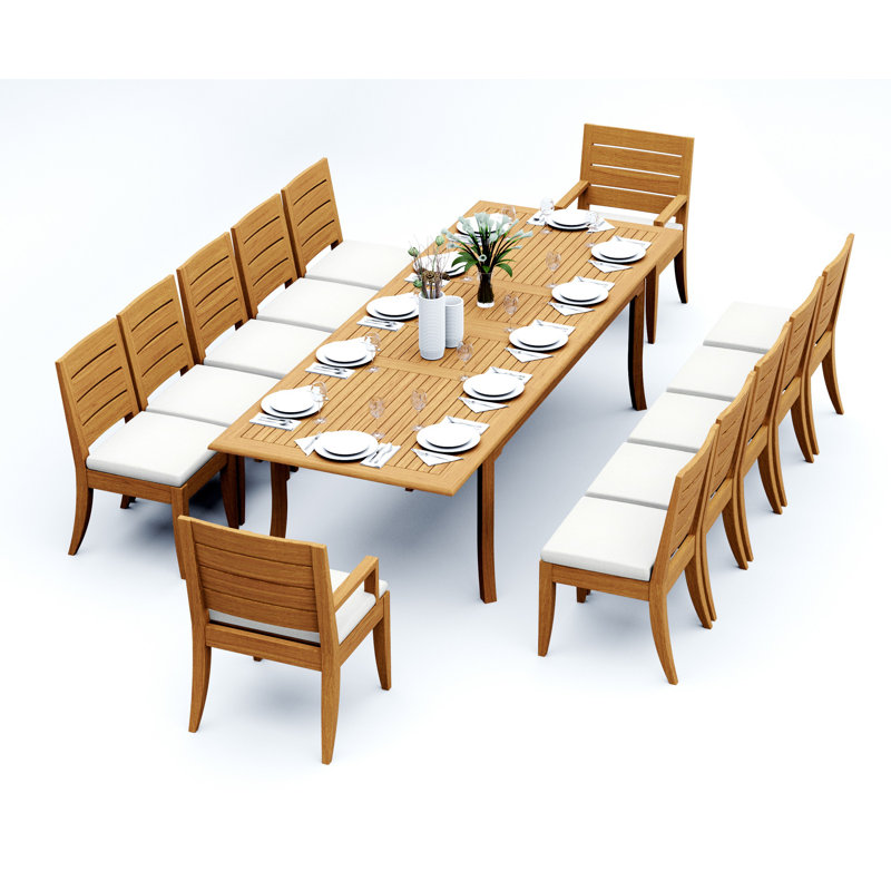 Ensemble de salle à manger en bois de teck Grade-A: table rectangulaire à double extension et chaises Atnas (sans accoudoirs) # 11AT2402