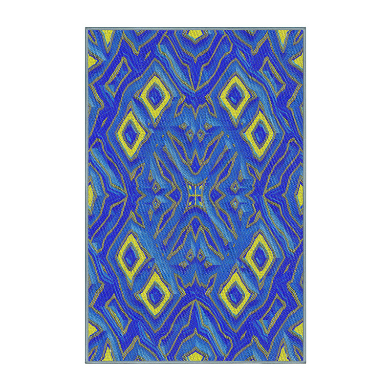 Tapis bleu/jaune à motifs, Rectangle 8 pi x 10 pi