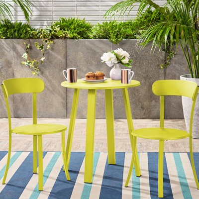 Mobilier de bistro vert lime, structure en fer thermolaqué, 2 chaises et 1 table incluses, conçu pour l'extérieur, tendance et