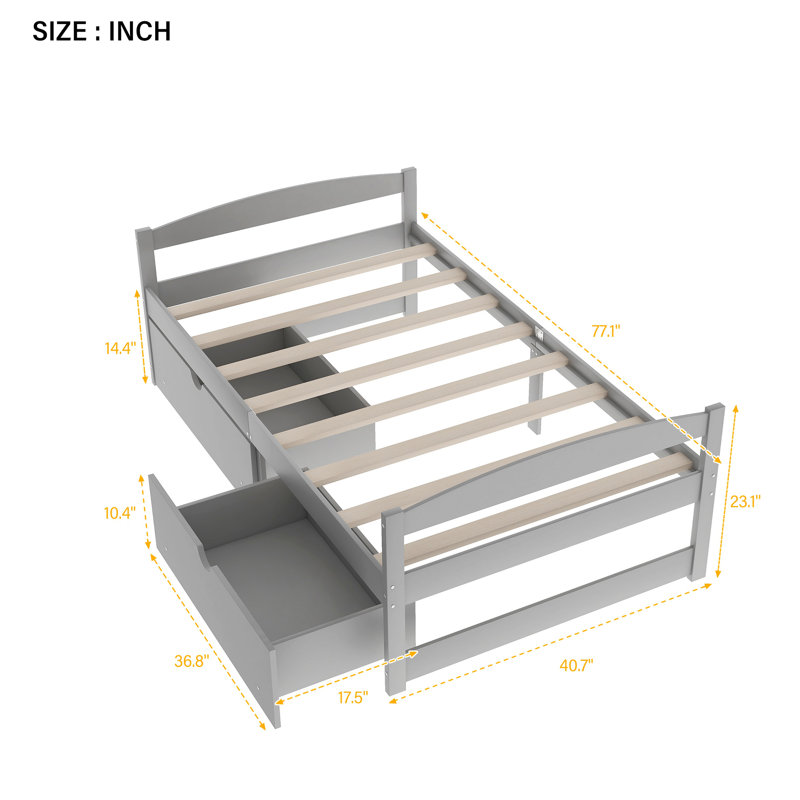 Twin Size Platform Bed, With Two Drawers, Gray, Gray
