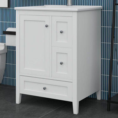 24" Bathroom Vanities With Ceramic Sink, Multi-Functional Storage Cabinet With Three Drawers And Adjustable Shelf, Soft-Closing Door
