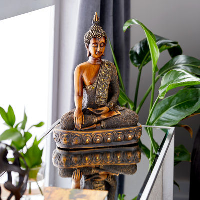 Brown Polystone Meditating Buddha Sculpture with Engraved Carvings and Relief Detailing