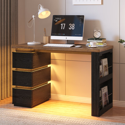 Modern Computer Desk With 3-color Led Lighting, Built-in Power Outlets & Usb/type-c Ports - Home Office Desk With Drawers & Shelves
