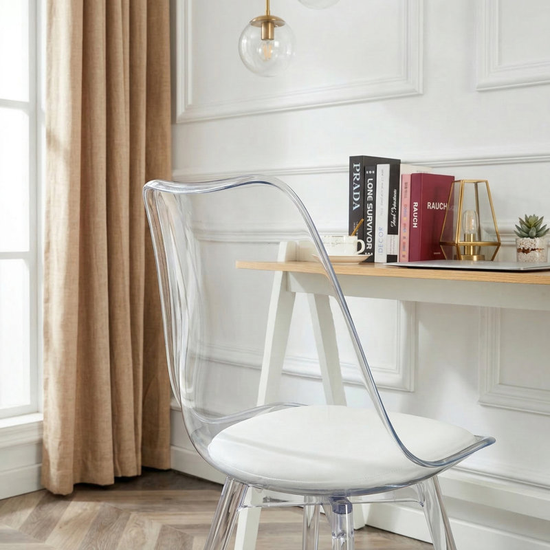 Chaise de bureau pivotante moderne sans accoudoirs avec coussin et roulettes blanches, Transparent / Blanc