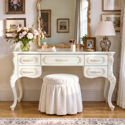 47.2'' W 5-Drawer Makeup Vanity Table with Carved Details and Cabriole Legs