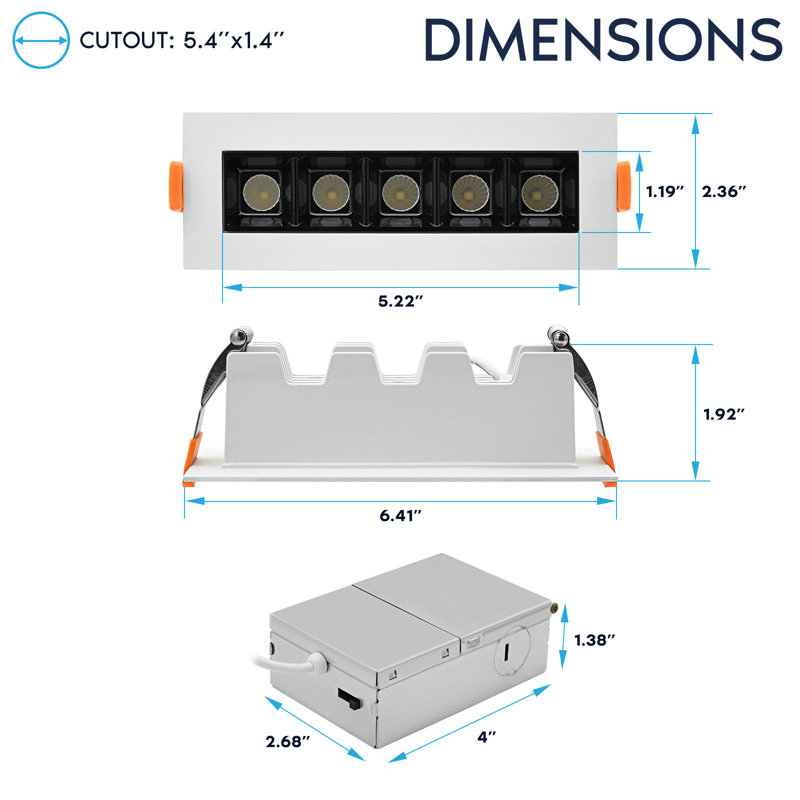 Plafonnier linéaire encastré à DEL 5 lumières LUXRITE, architecturale, 5CCT, CRI90, 11W, 600LM, faisceau 45 ° 120V à intensité variable et intensité variable, paquet de 4