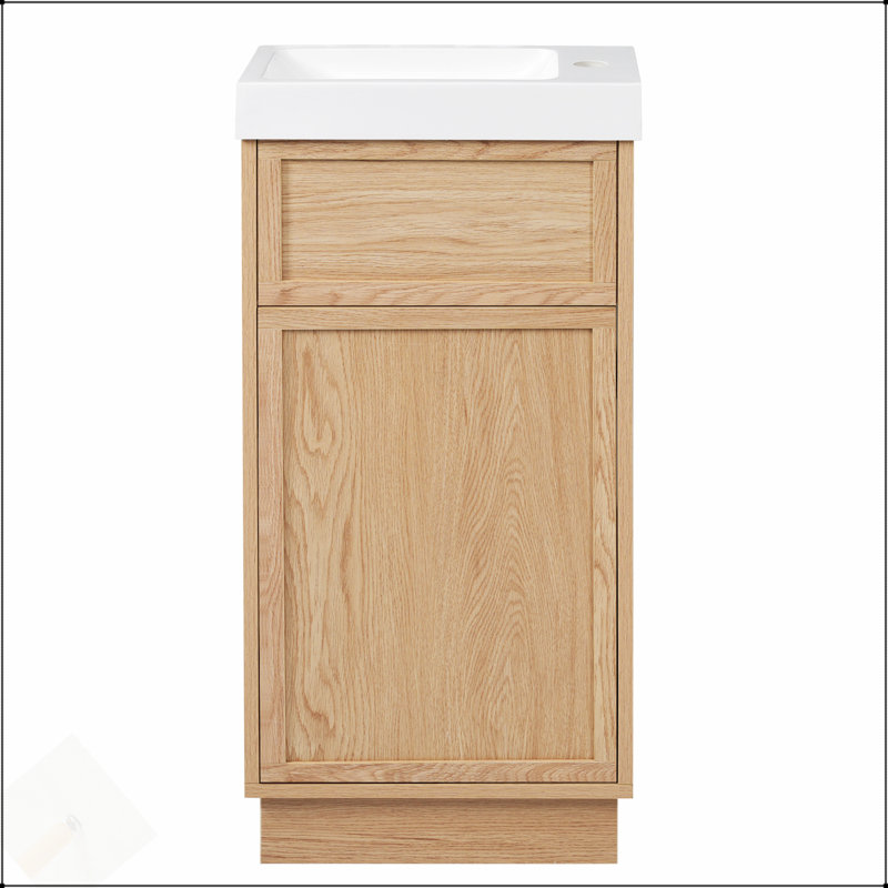 Meuble-lavabo de 15,75 po avec lavabo en résine réversible, armoire en panneau de fibres à densité moyenne, tablette réglable, porte à pousser, finition grain de bois, idéal pour les petits espaces