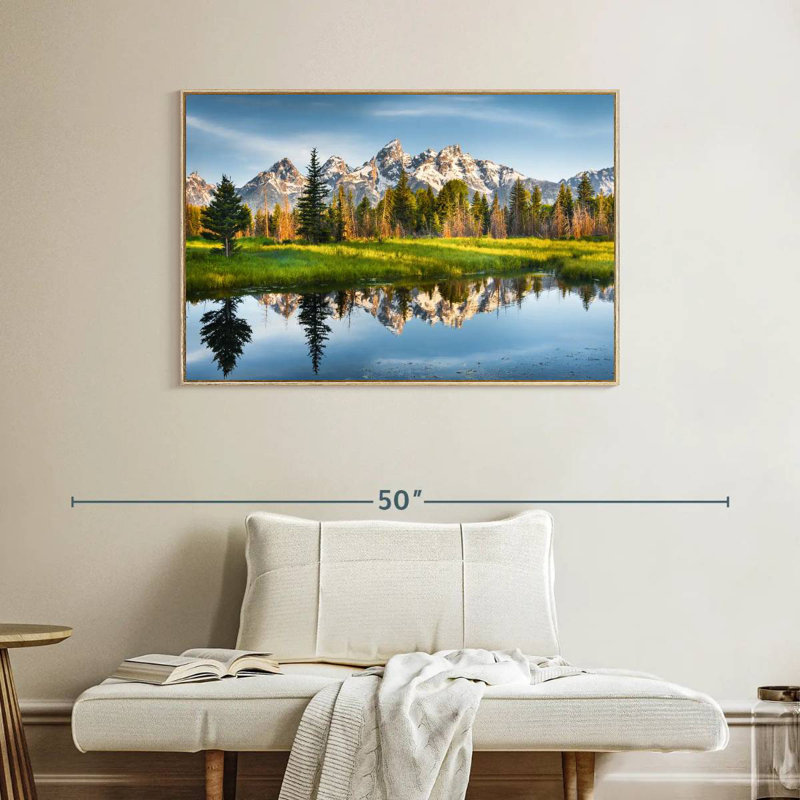 Grand Teton Reflection, Cadre flottant en bois naturel, 40 po x 27 po