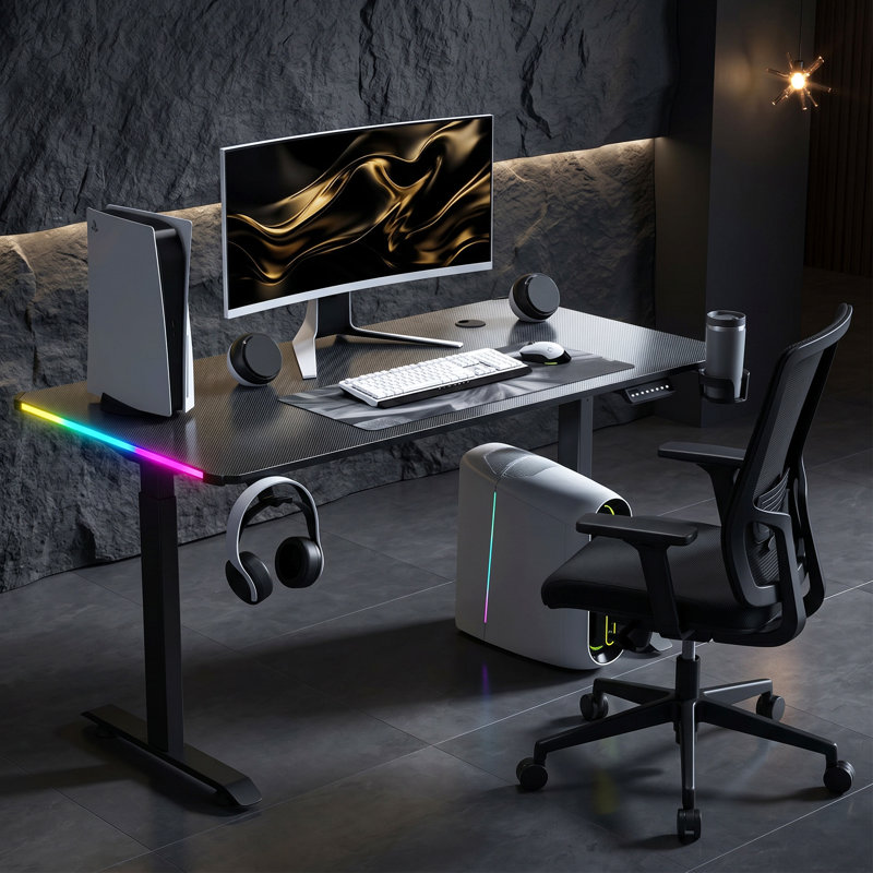 Bureau debout électrique 55 po à deux moteurs, bureau de jeu RVB avec éclairage de 256 couleurs et télécommande dédiée, anti-collision, préréglages de mémoire