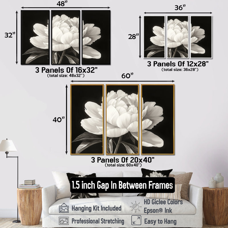 Pivoine blanche et noire élégante II - art mural pivoines - ensemble de 3, H 28 po x l 36 po, Noir