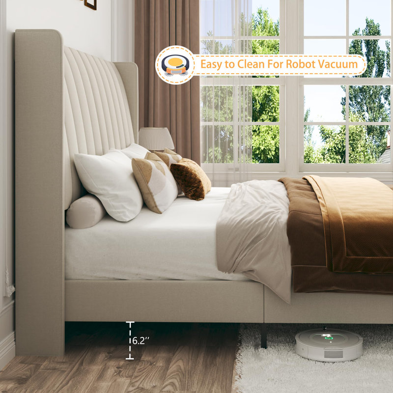 Upholstered Bed Frame With Wingback Headboard, Queen