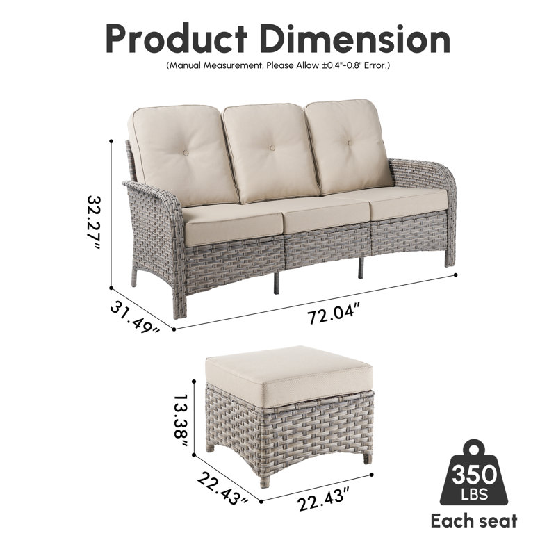 Emroy 3 - Person Wicker Rattan Outdoor Seating Group with Cushions and Ottomans, All Weather High Back Conversation Set for Garden Backyard